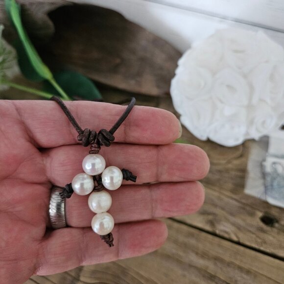 Boho Beach Hand Crafted Freshwater Pearl Cross on Brown Leather Adjustable - Picture 2 of 3